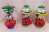 3 M&M's candy dispensers, tallest is 8" tall