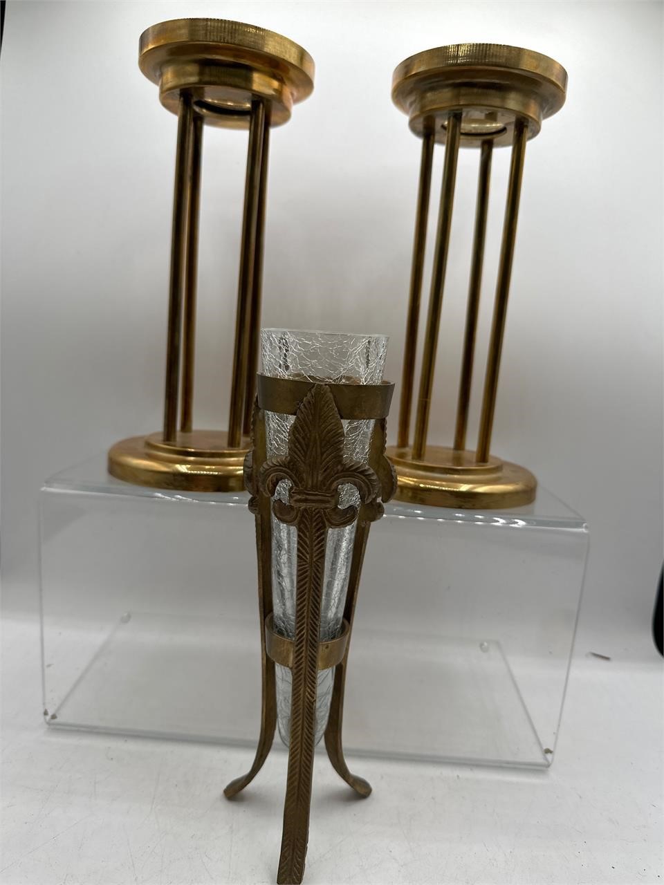 Brass crackel glass vase and candleholders