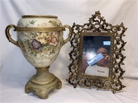 paint decorated Bohemian vase and brass mirror