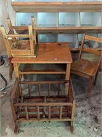 CHILD'S TABLE & CHAIRS & TOY CRIB