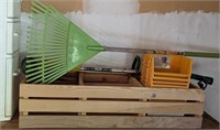 WOOD CRATE + GARDEN EQUIP ETC