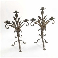 Pair of antique wrought iron 3-branch