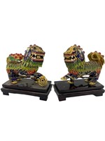 Enamel Gilt Filigree Cloisonne Foo Dogs on Stands