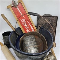 Tub of Vintage Kitchen w/ Coca-cola & Cast Iron