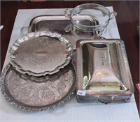 Silver plate trays, one is engraved. Casserole