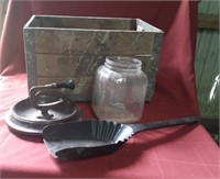 Wood Crate, Coal Shovel, Nut Cracker, Jar