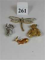FOUR SWAROVSKI PINS TWO BEARS ONE GOLD TONE AND