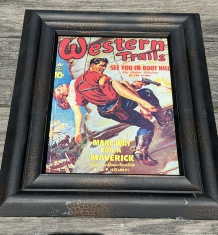 Framed Western Trails Pulp Mag Cover