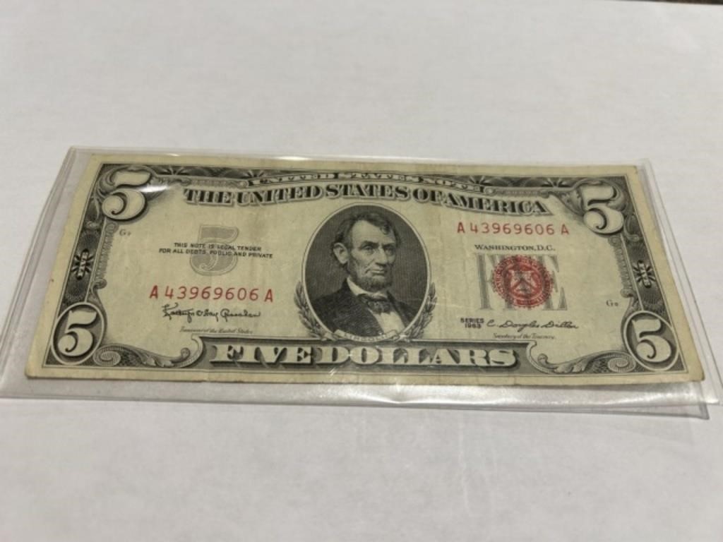 1963 U.S. 5.00 DOLLAR RED SEAL STAR