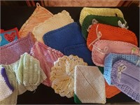 Knitted pot holders, kleenex box covers & misc