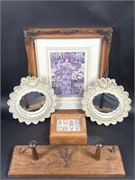 Wood Coat Rack, White Mirrors, Vintage Framed Art