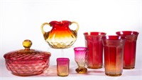 ASSORTED AMBERINA GLASS ARTICLES, LOT OF SEVEN,