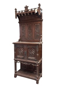 Gothic Carved Oak Hutch Cabinet with Shields