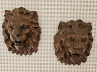 Carved Wood Lion Head Pair