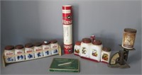 Vintage milk glass spice jars, postal scale, etc.
