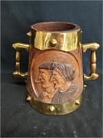 Carved Wood Brass Banded Tankard