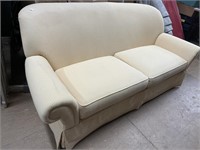 White & Yellow skirted sofa!! 
88” long 42” deep