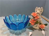 Heavy blue glass bowl and angel