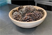 Large heavy duty bowl with pine cones decor