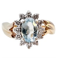 Aquamarine & Diamond Halo Ring 14k Gold