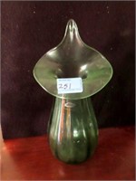 12 INCH "JACK-IN-THE-PULPIT" GREEN GLASS VASE