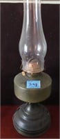 VINTAGE GREEN GLASS OIL LAMP - CLEAR CHIMNEY