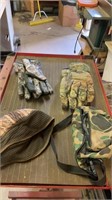 Hunting apparel: gloves, Fanny pack, hat, cushion