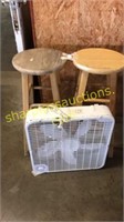 Box fan, pair of stools