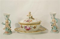 Meissen bowl &  2 Porcelain candle holders