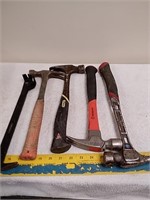 Group of  claw hammers and a nail puller