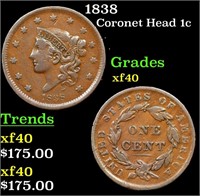 1838 Coronet Head Large Cent 1c Grades xf