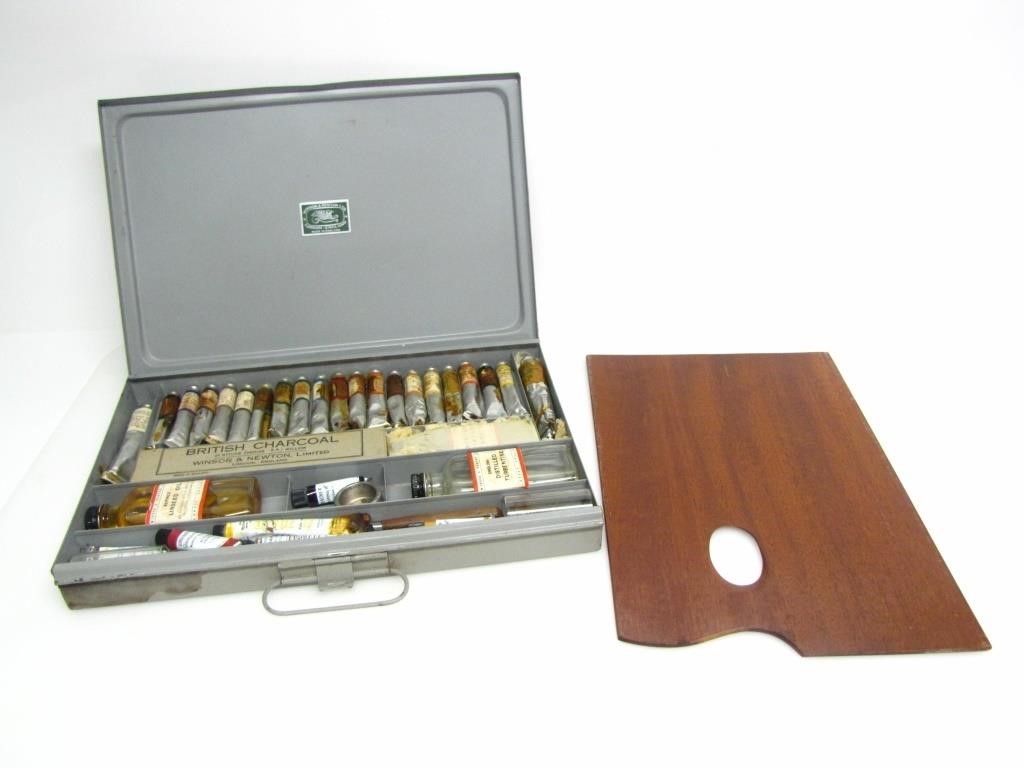 VINTAGE ART SUPPLIES & PALETTE W/ METAL CASE