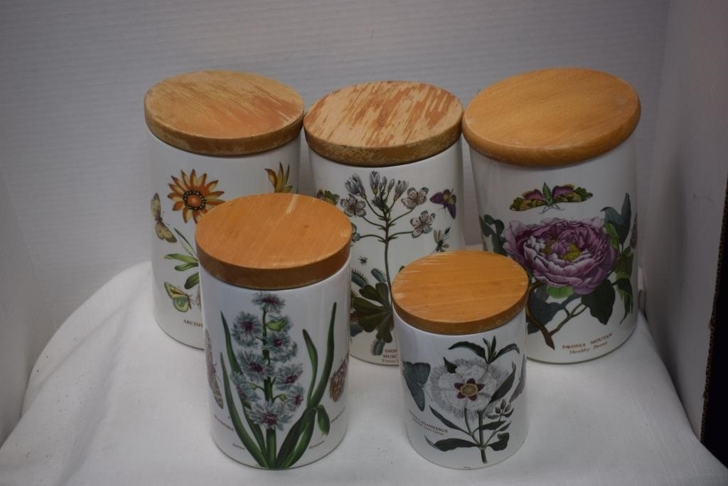 Five Botanic Garden Porcelain Canisters w/ Wooden