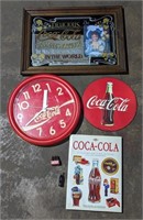 (Z) Coca cola mirrored sign 22x16in, book, clock,