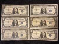 LOT OF SIX1957 ONE DOLLAR SILVER CERTIFICATES