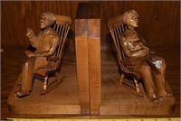 R. Jean Signed Carved Wooden Old Couple Bookends