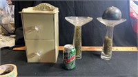 Set of glass candlesticks, 2 drawer small cabinet
