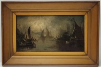 Antique 19thc Continental Oil on Board Seascape