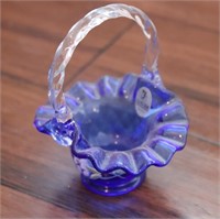 Fenton blue ruffle edge basket, clear handle