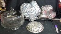 Glass cake plate and Wilton cake pans