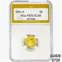 1991-P $5 1/10oz Gold Eagle PGA PR70 DCAM