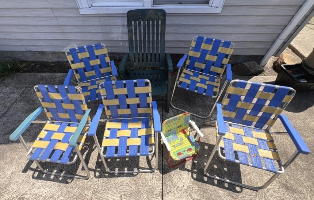 Vintage Aluminum Webbed Folding Lawn Chairs in