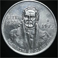 1977 MEXICAN SILVER CIEN PESOS COIN LIGHT CIRC