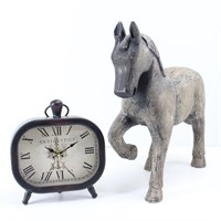 Carved Horse & Metal Decor Table Clock