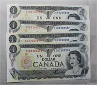 Canada Lot of 4 One Dollar 1973 Banknotes in Seque