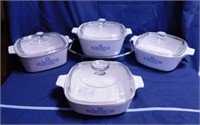 4 Corningware blue cornflower casserole dishes w/