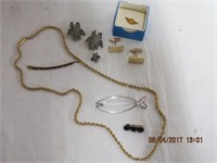 American Air Line pins, gold chain, fish brooch