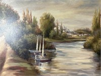 Oil on Board of Sailboats on River, Signed