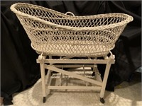 VTG Midcentury Wicker Baby Bassinet on Wooden