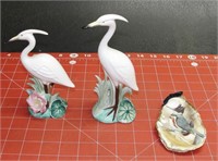 Pair of Bird Statues & Painted Oyster Shell